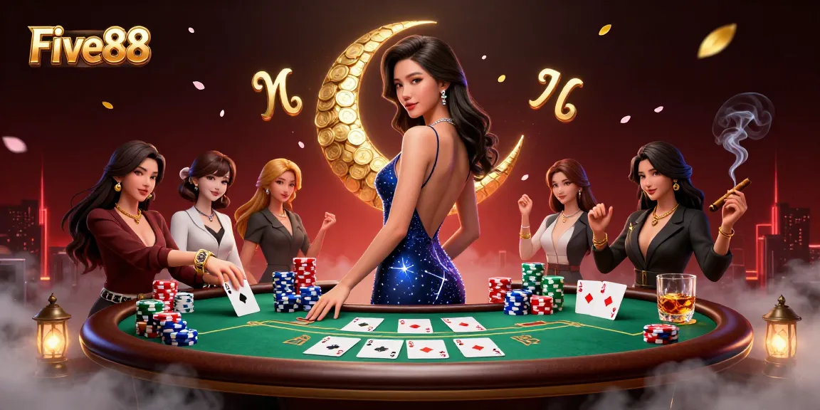 Engage with Five88's thrilling casino atmosphere featuring a stunning Asian woman and vibrant game elements.