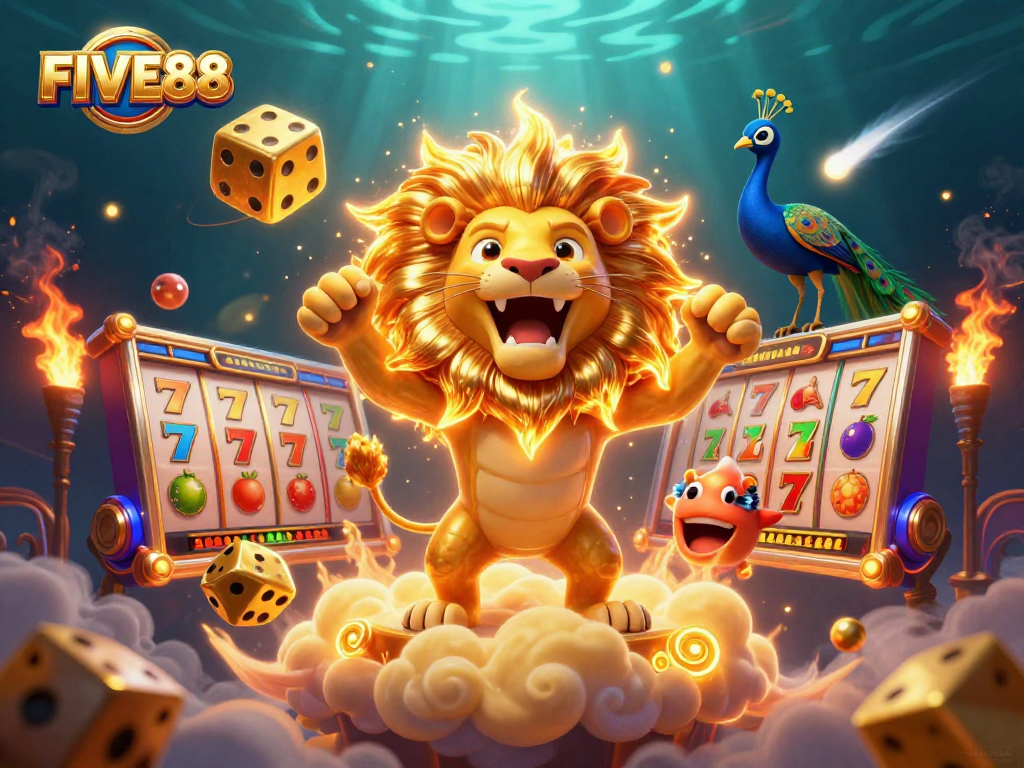 Experience the thrill of FIVE88 with dynamic slot reels and golden lion in this vibrant casino scene.