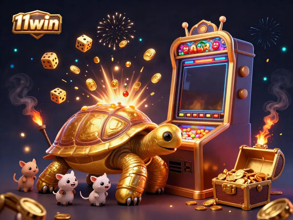 Play exciting games at 11win, featuring a golden tortoise pinball machine surrounded by casino elements.
