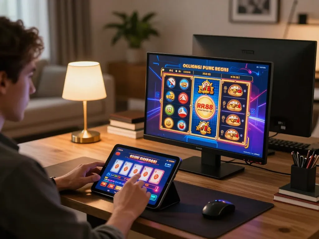 Engaging in RR 88 online casino gaming with vibrant interactive games on a tablet in a stylish living room.