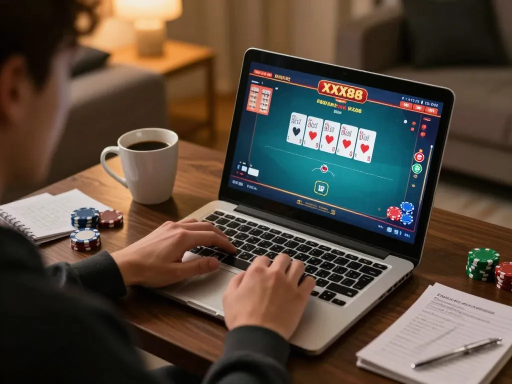 Engaging gaming session at Casino XX88 with a player immersed in online poker strategy