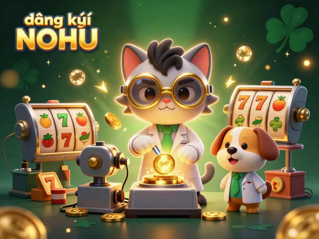 Engage in exciting gameplay with 登记 NOHU, featuring a dynamic 3D scene of a scientist cat creating coins amidst slot machines and vibrant visuals.