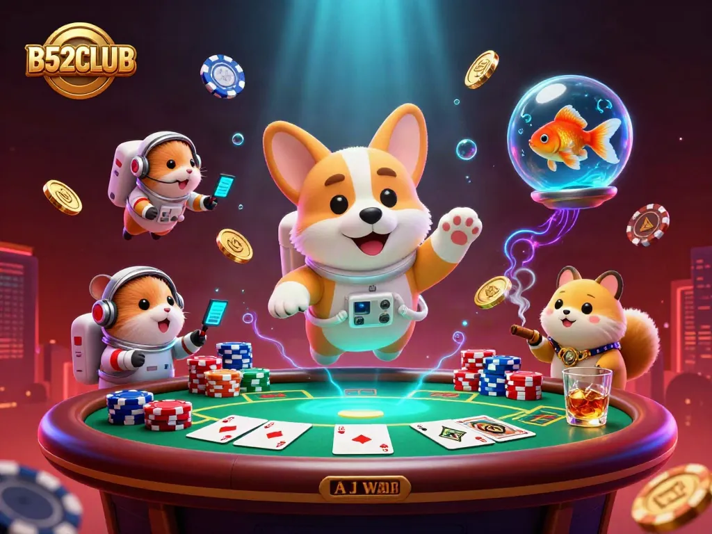 B52CLUB astronauts engage in a thrilling zero-gravity casino scene surrounded by poker action.