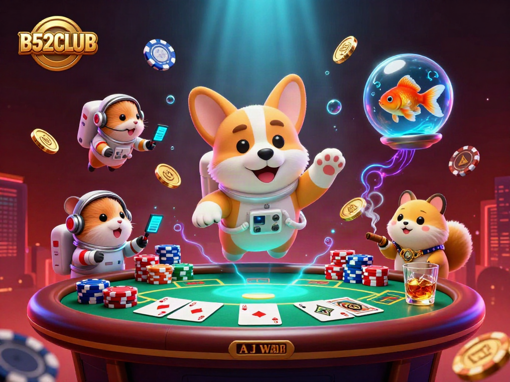 B52CLUB astronauts engage in a thrilling zero-gravity casino scene surrounded by poker action.