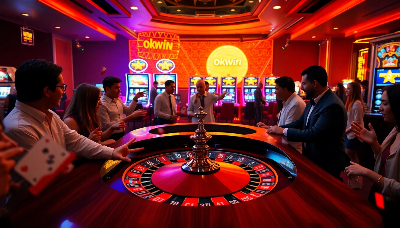 Join the excitement at the okwin casino with players engaging around a vibrant roulette table.