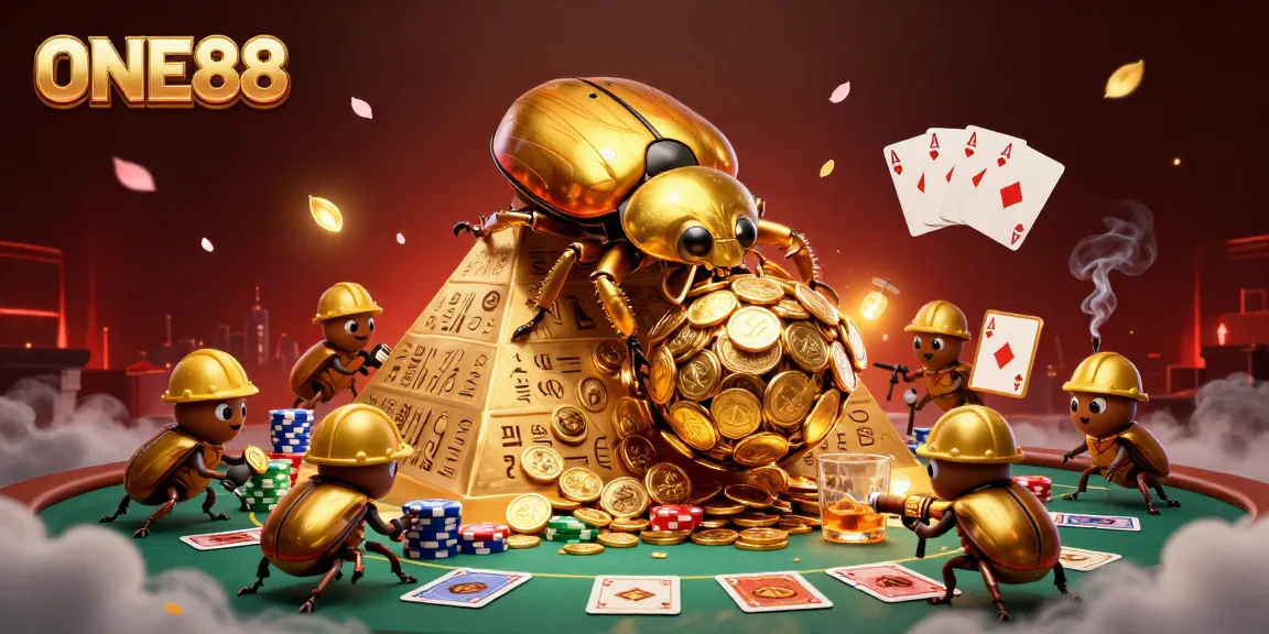 Experience thrilling gaming with ONE88 as beetles roll golden coin prizes in a vibrant casino!