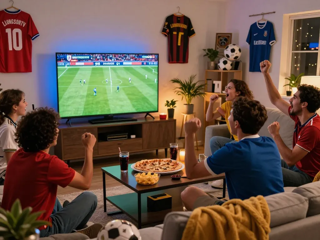 Friends cheering while watching LuongSonTV football match in a lively living room.