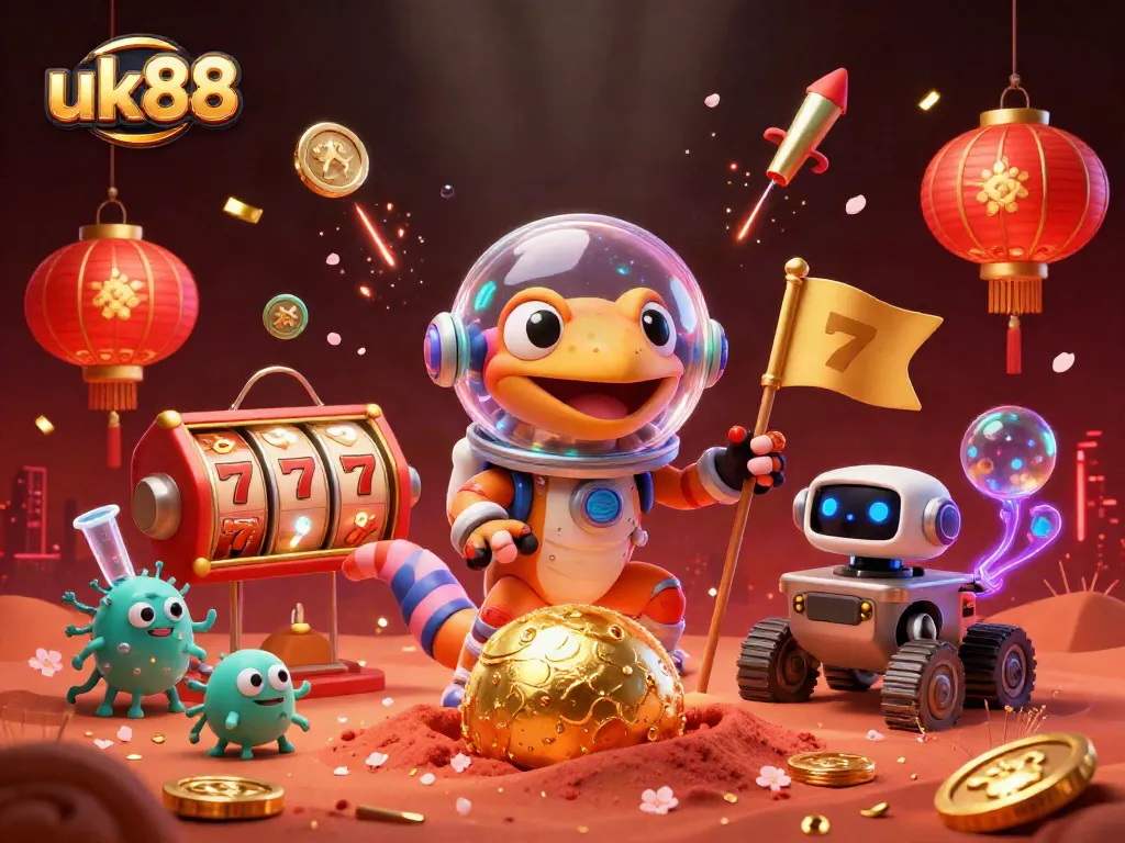 Play at uk88 where a Martian gecko discovers a golden casino amidst vibrant casino symbols