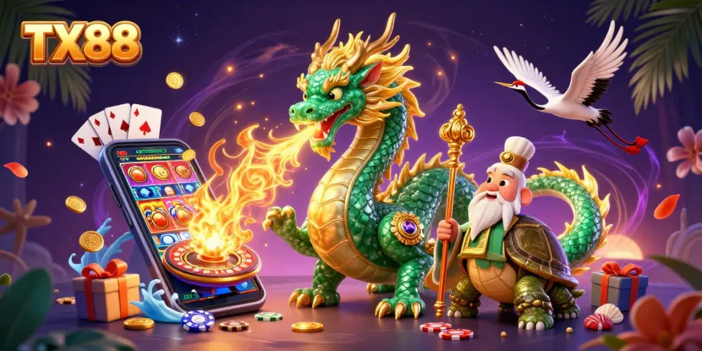 Experience gameplay excitement with TX88 as a jade dragon, turtle sage, and lucky cranes engage around casino elements.