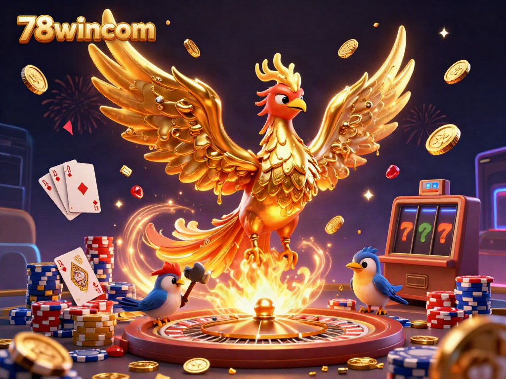 Experience the excitement of 78wincom with a vibrant 3D scene featuring a golden phoenix, cascading coins, and engaging gameplay elements.