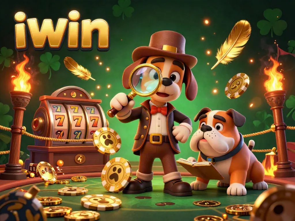 Experience thrilling gambling fun with iwin's vibrant 3D scene featuring a detective examining a poker chip.