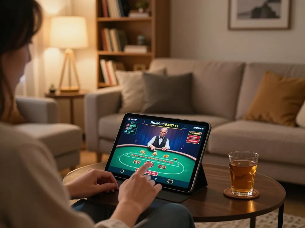 Engaging in vibrant online gaming with NHÀ CÁI FABET on a tablet in a cozy living room setting.