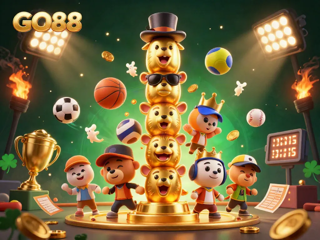 Betting on GO88 showcases a lively casino scene with vibrant sports elements and animated totems.