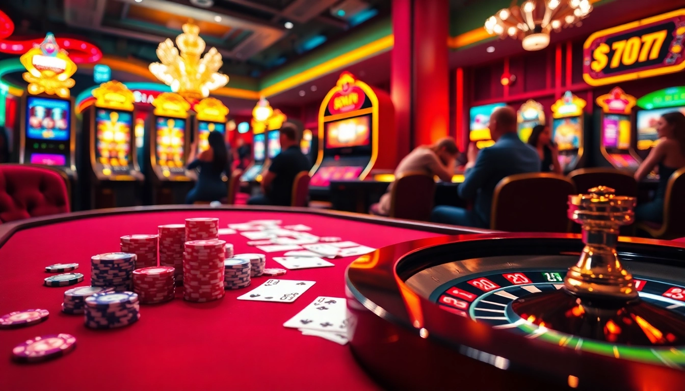 Engaged players enjoy a luxurious 98win casino experience with vibrant poker chips and spinning roulette wheel.