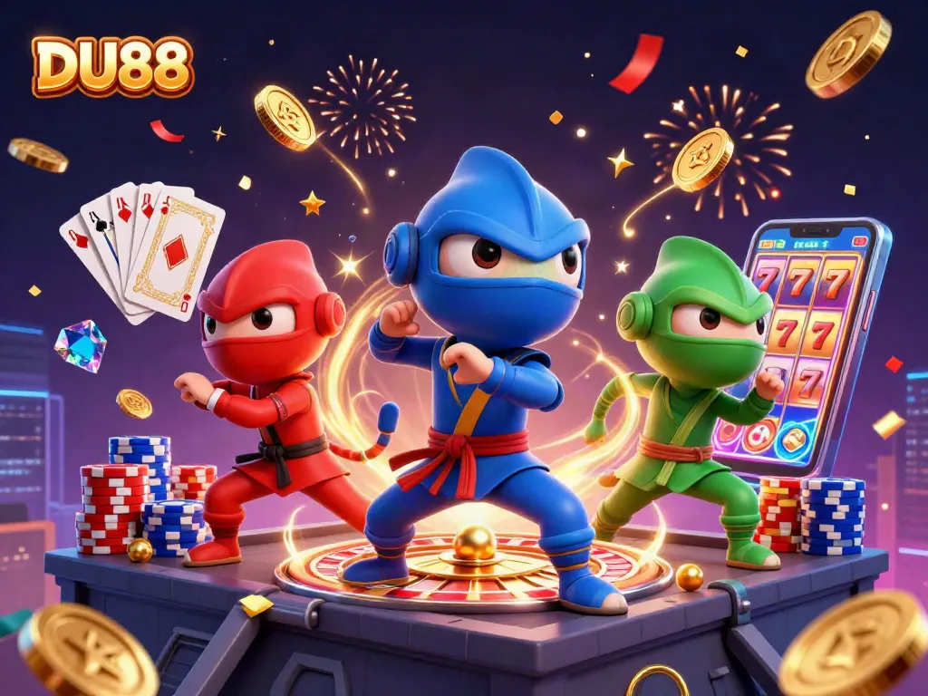 Experience excitement with DU88 as chameleon ninjas embody casino spirit with golden coins and vibrant energy.