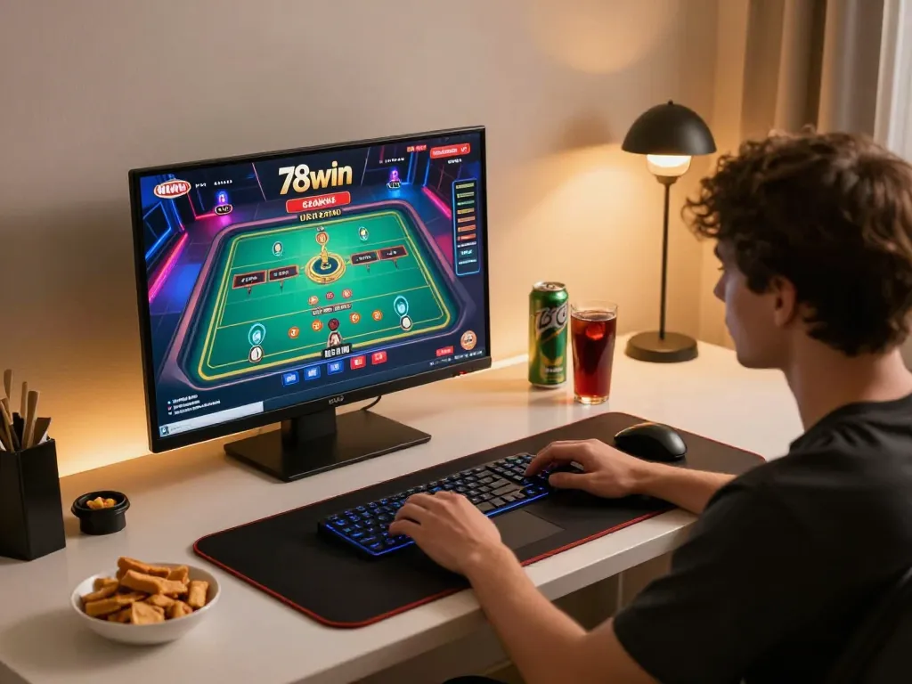 Engage in thrilling gameplay with 78win online casino interface displayed on a laptop during a cozy session