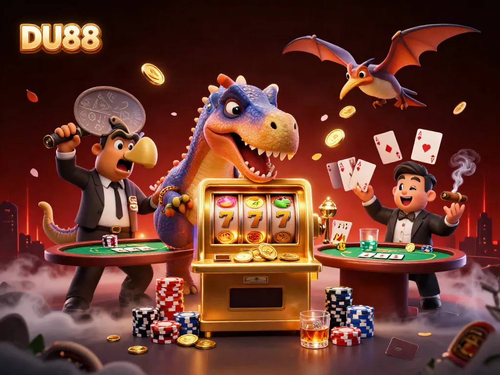 DU88 rewards await as the pachycephalosaurus activates a slot machine jackpot amid a vibrant casino scene.