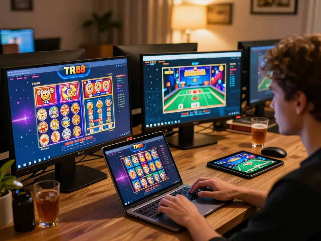 Engaging in casino games with TR88 on a laptop, showcasing exciting online gambling experience.