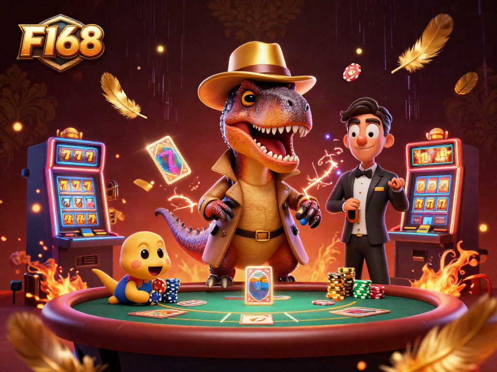 F168 themed casino illustration with a velociraptor card counter, slot machine, and vibrant game elements.