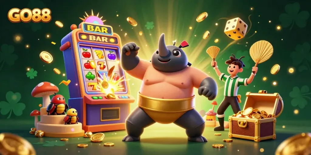 Experience epic wins at GO88, where a sumo champion beetle thrives amidst golden coins and vibrant casino elements.