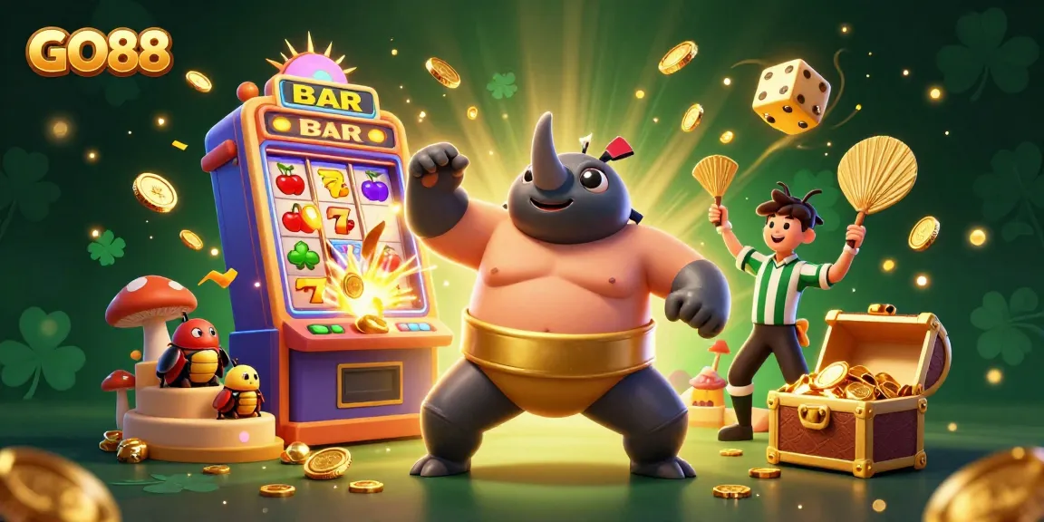 Experience epic wins at GO88, where a sumo champion beetle thrives amidst golden coins and vibrant casino elements.