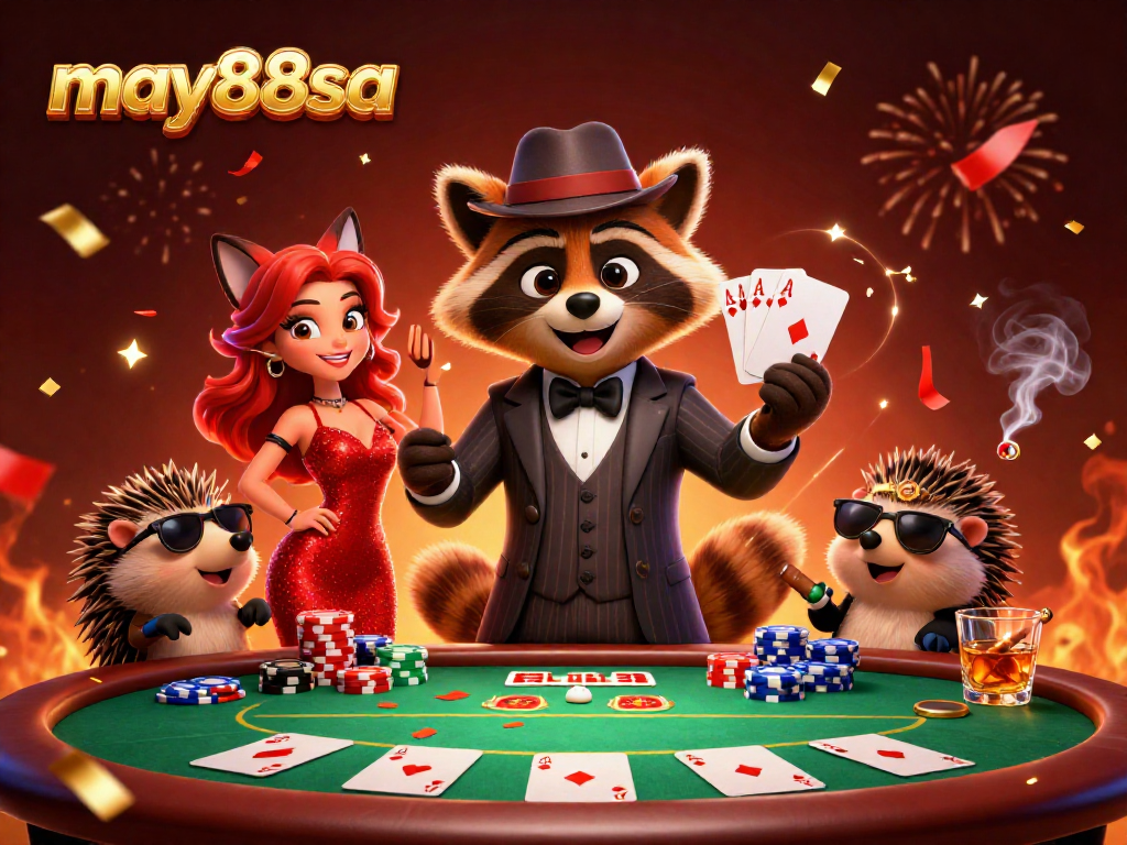 Play a thrilling poker hand at may88sa with a charming raccoon, elegant fox lady, and a vigilant hedgehog bouncer.