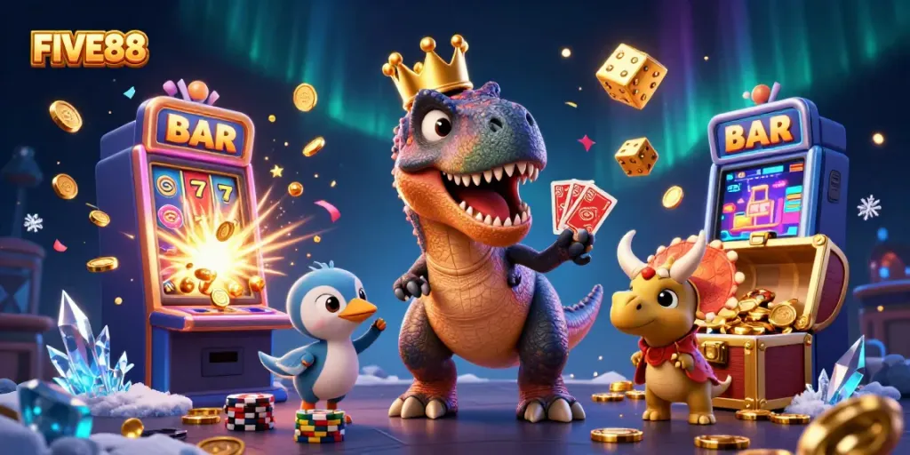 Experience thrilling casino action with FIVE88 through 3D illustrations of gaming excitement.