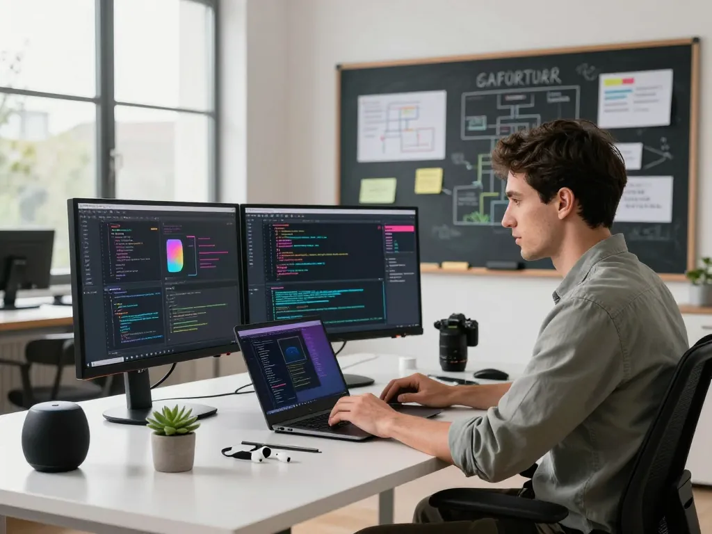 Software engineer at https://thscrore.app/ in a modern workspace with dual monitors and creative notes.