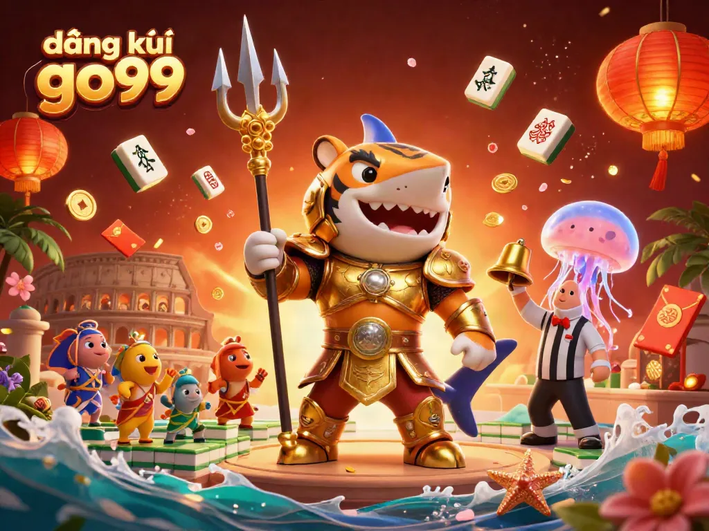 Experience the excitement of đăng ký go99 with a vibrant 3D casino scene featuring a golden shark gladiator.