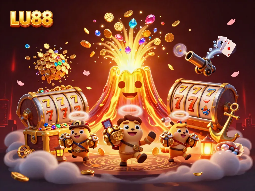 LU88 ignites excitement with a vibrant casino scene filled with treasures and games.