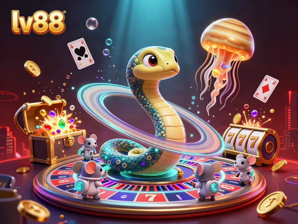 lv88's vibrant online casino scene where astronaut mice bet on a roulette wheel planet surrounded by glowing treasures.