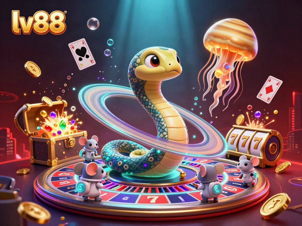 lv88's vibrant online casino scene where astronaut mice bet on a roulette wheel planet surrounded by glowing treasures.
