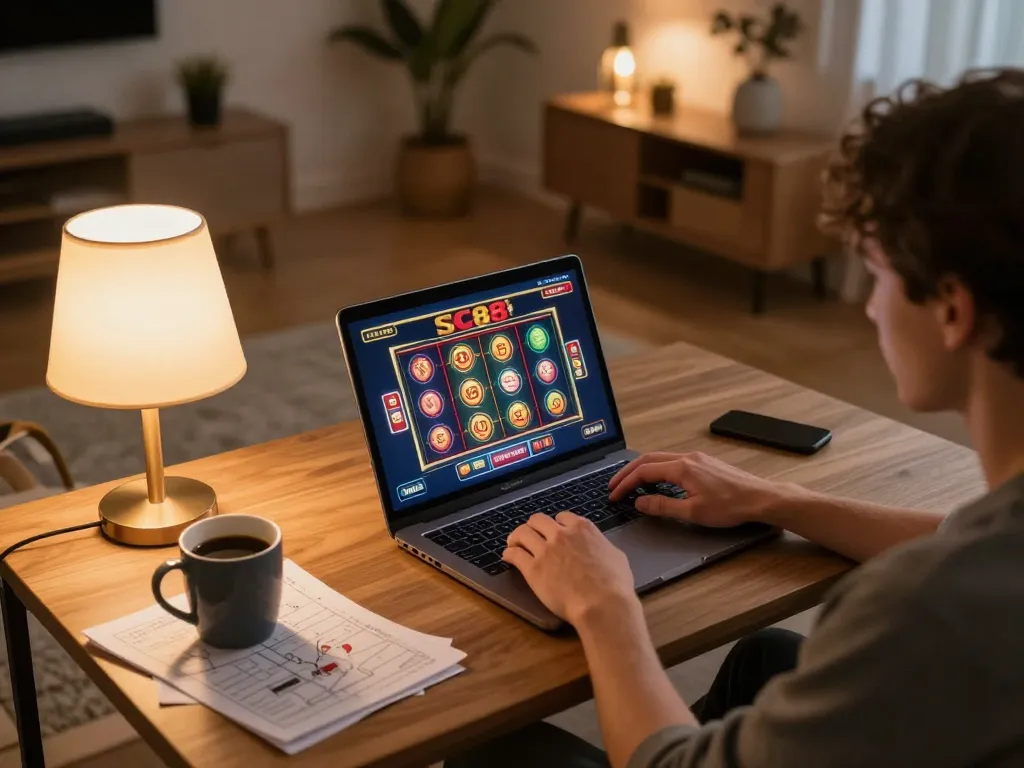 SC88 engaging online slots gameplay from a cozy home gaming setup with a laptop and strategy notes.