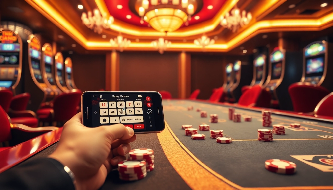 Experience the thrill of cm88 tải app with a mobile gambling interface amidst a luxurious casino setting.
