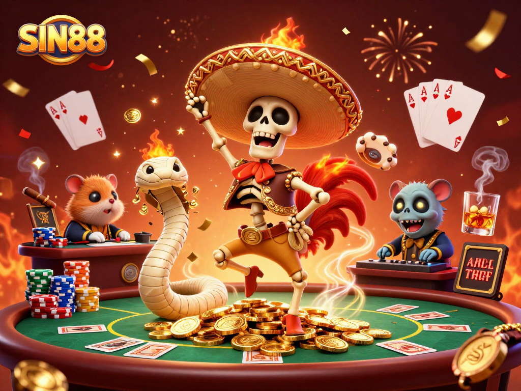 SIN88 celebrates wins with a vibrant casino scene featuring a mariachi rooster, mummy snake, and DJ hamster.