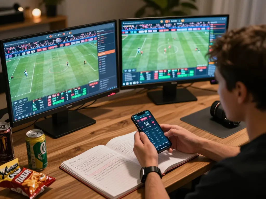 A person engages in seamless online sports betting with multiple screens showcasing live events, showcasing the excitement around O8 hair opportunities.