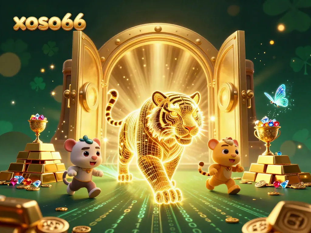 Xoso66 showcases a vibrant digital casino with a golden tiger and sparkling treasures in a dynamic illustration.
