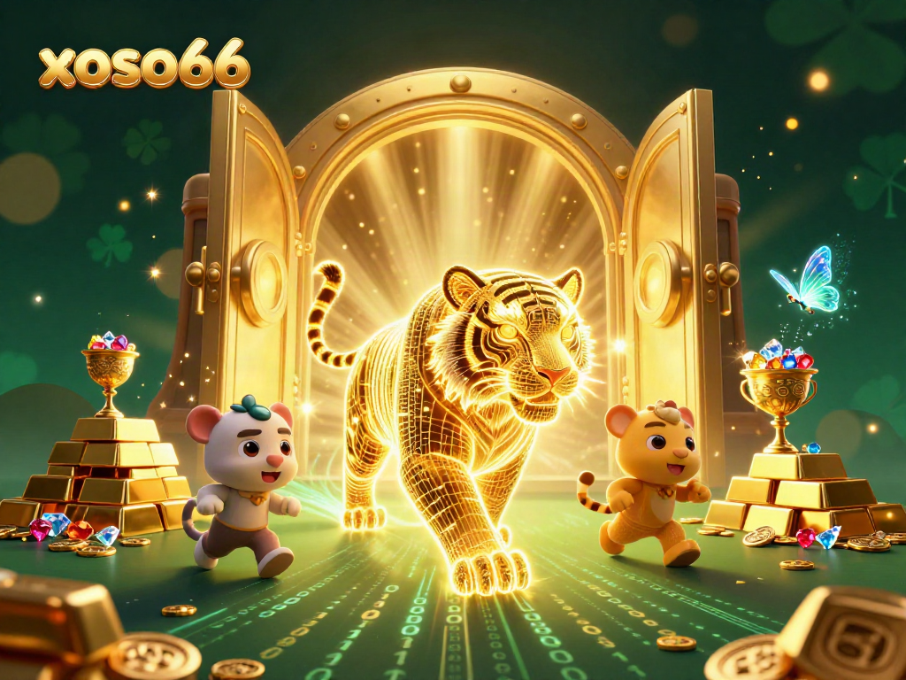 Xoso66 showcases a vibrant digital casino with a golden tiger and sparkling treasures in a dynamic illustration.