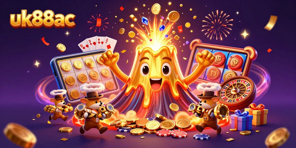 Engage with exciting slot gameplay at uk88ac featuring a lively golden volcano and vibrant treasure.