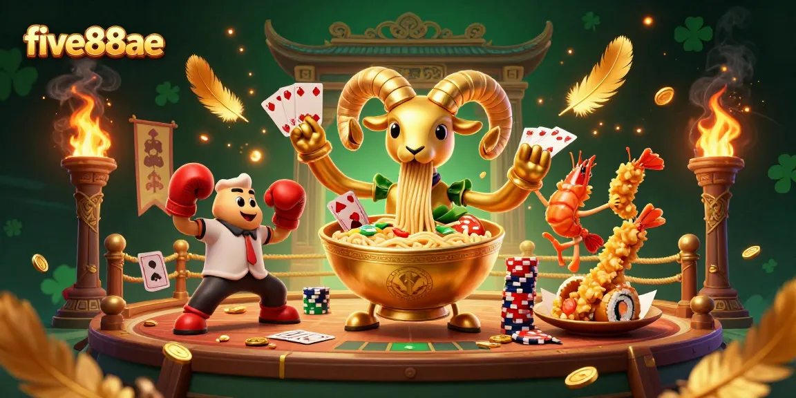 Experience vibrant gaming action with five88ae in a whimsical casino-themed illustration featuring animated characters.