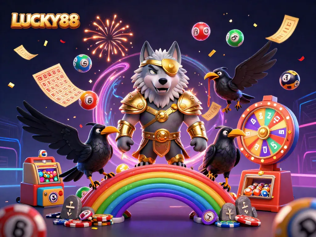 Experience LUCKY88 with Odin and ravens, showcasing a vibrant casino world full of action.