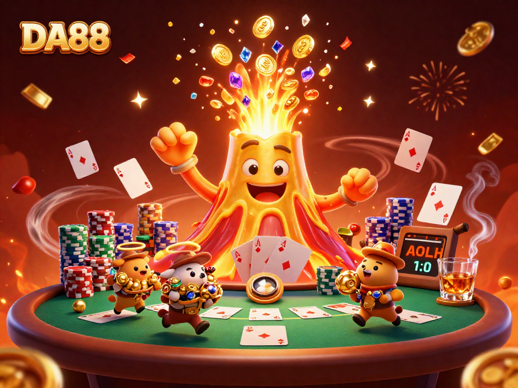 DA88 casino scene with a golden volcano erupting coins and tiny explorers claiming treasures