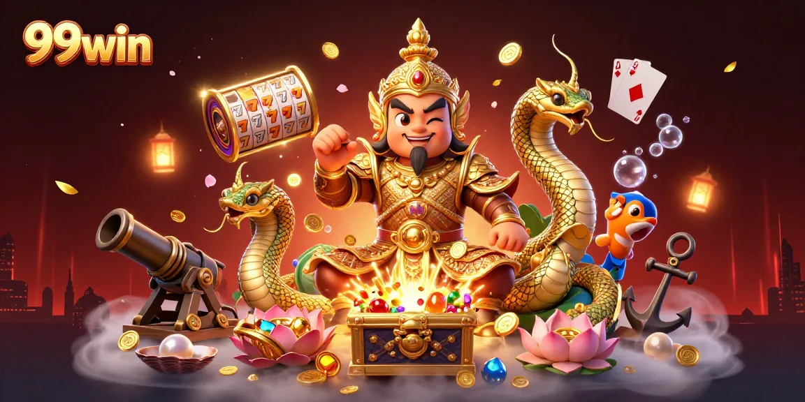 Engage with the vibrant 99win casino world featuring a dynamic scene of a golden-armored guardian and treasure elements.