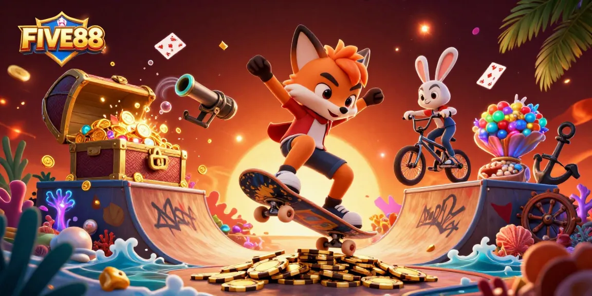 Experience thrilling gaming adventures at FIVE88 with colorful casino-themed characters and rich visual elements
