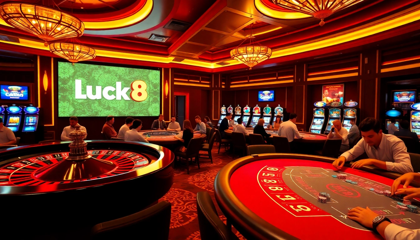 Luck8 players enjoying a thrilling casino atmosphere with poker tables and roulette wheels.
