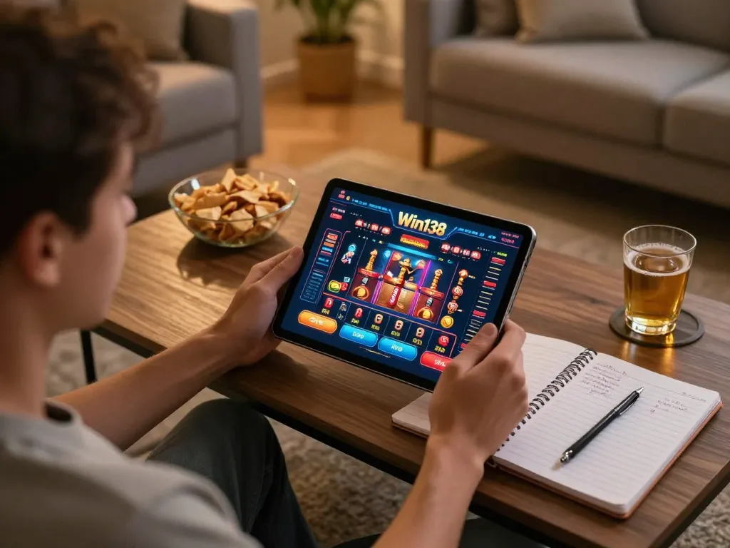 Engaging Win138 online gaming moment with player analyzing bets in a cozy living room setting