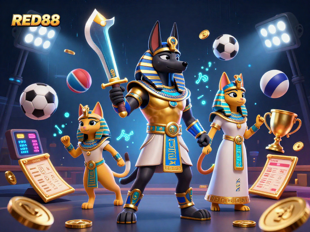 Experience thrilling gameplay at RED88 with Anubis and Bastet in a vibrant casino scene.