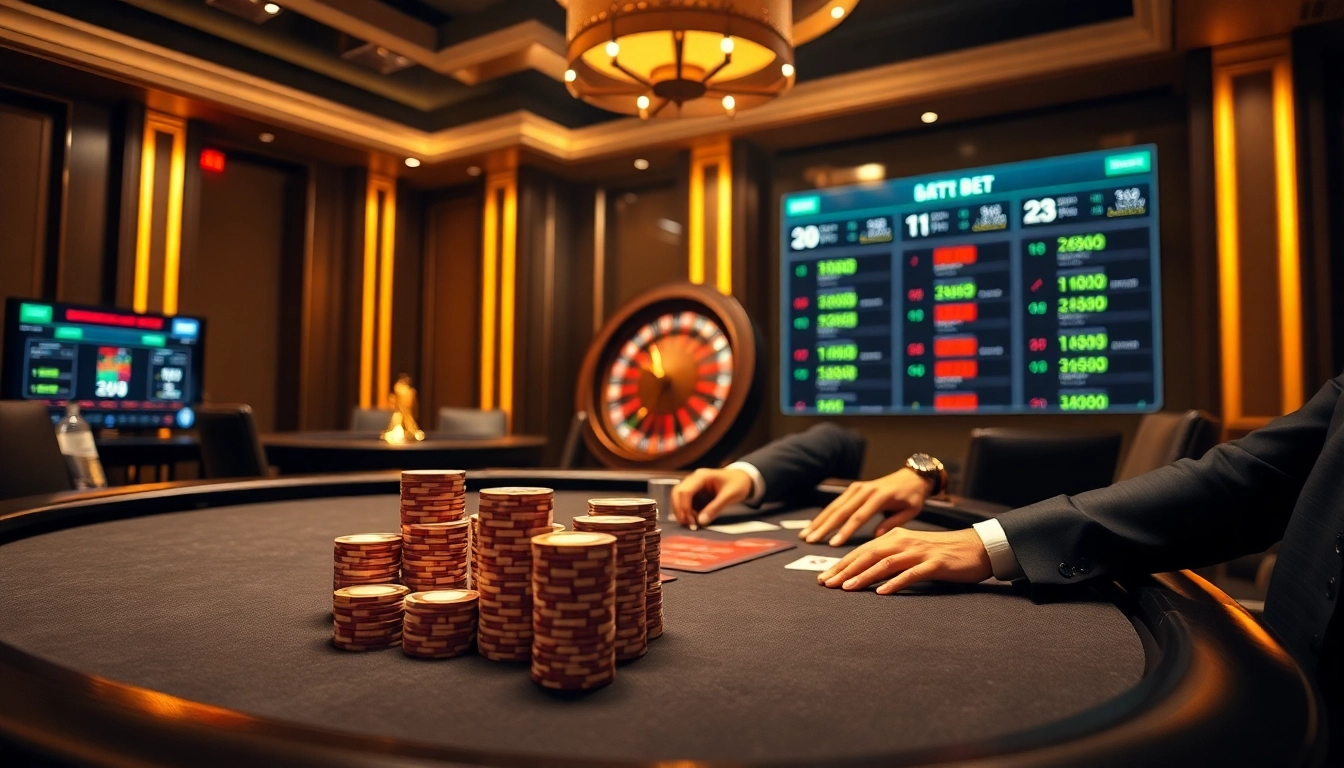An exciting poker game scene at https://12bett.bot/ showcasing a high-stakes table with vibrant chips and an elegant dealer.
