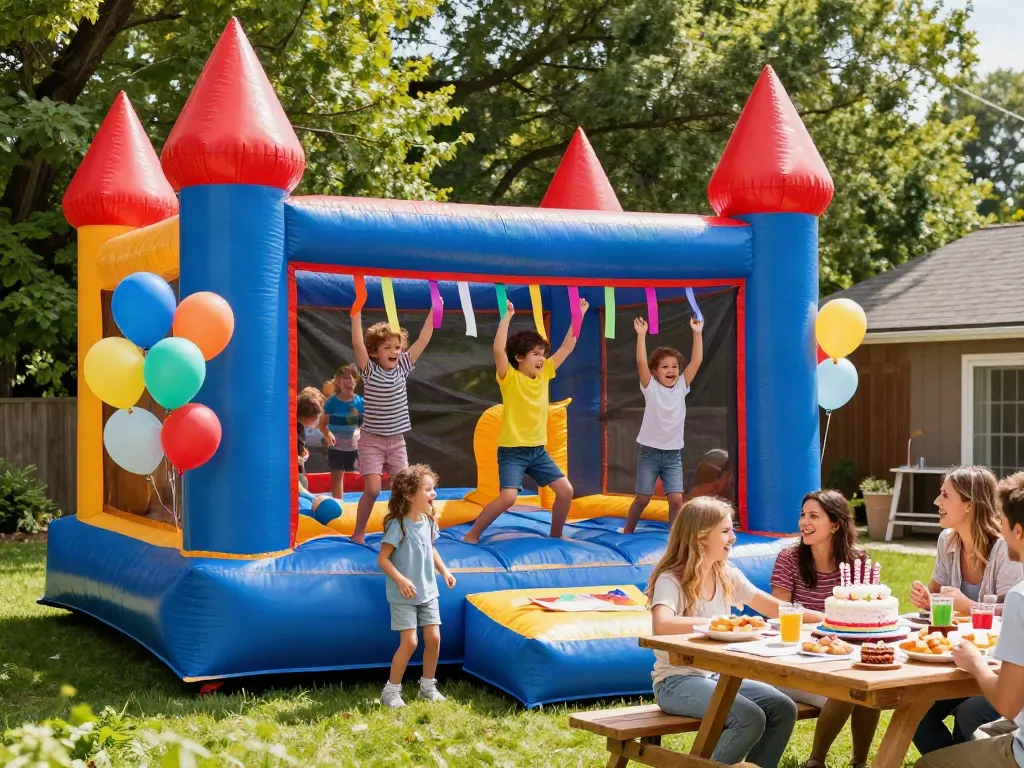Children enjoying an exciting bounce castle at a sunny birthday party, full of laughter and joy.