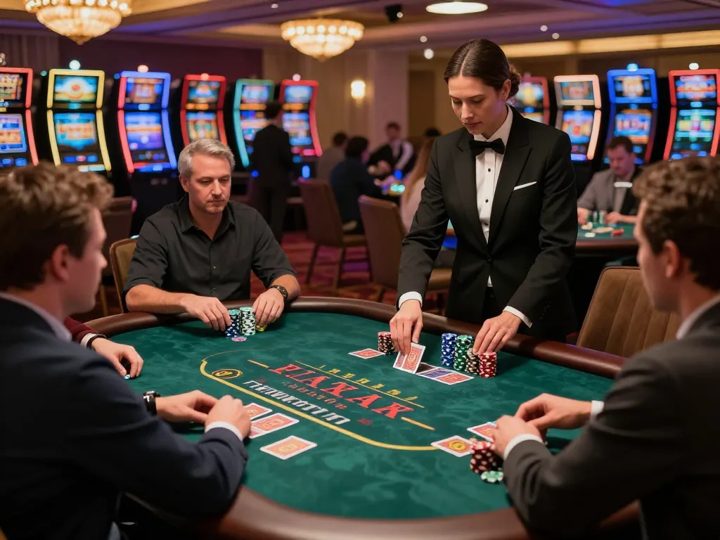 ok365 players strategizing in a glamorous blackjack setting with thrilling gameplay.